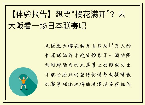 【体验报告】想要“樱花满开”？去大阪看一场日本联赛吧